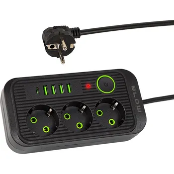 Prodlužovací kabel BLOW Prodlužovačka 3x 3m PS-330S 4xUSB 1xUSB-C 3m černý 2x1mm