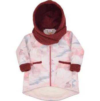 Kojenecká bunda LITTLE THINGS kabátek softshellový s vínovou kapucí a šálou růžová vel. 5-7 let