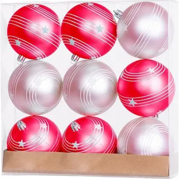 Vánoční dekorace KOULE MAGICHOME VÁNOCE, 9 ks, červeno-růžové, matné, s dekorací, 6 cm