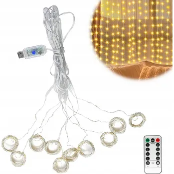 Vánoční dekorace Světelný závěs 300 LED TEPLÁ BÍLÁ Girlanda Světýlka 2700K 3x3m USB + dálkové ovládání