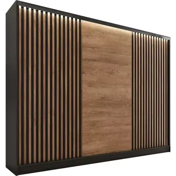 Šatní skříň Šatní skříň INSULAR 3D 250 bez zrcadla, se 4 šuplíky a 2 šatními tyčemi, černý mat/dub lefkas +možnost VÝNOSU + vyzvednutí ZDARMA