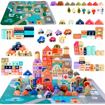 Puzzle Sada dřevěných Stavebnice City + Podložka Puzzle 115 dílků pro kreativní hraní