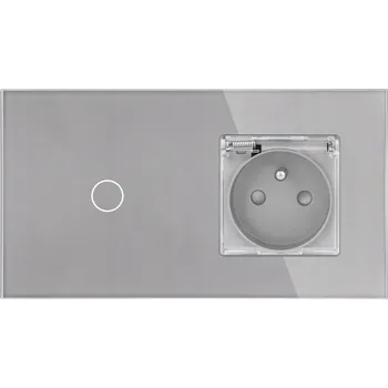 vypínač JEDNOPÓLOVÝ SKLENĚNÝ VYPÍNAČ SVĚTLA 1G + VODĚODOLNÁ ZÁSUVKA STŘÍBRNÁ ŠEDÁ