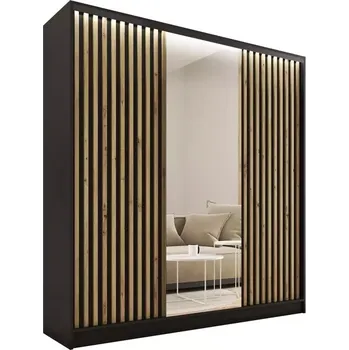 Šatní skříň Šatní skříň INSULAR 3D 180 se zrcadlem, 4 šuplíky a 2 šatními tyčemi, černý mat/dub artisan +možnost VÝNOSU + vyzvednutí ZDARMA