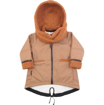 Kojenecká bunda LITTLE THINGS kabátek softshellový s kapucí a šálou hnědá vel. 9-12 kg