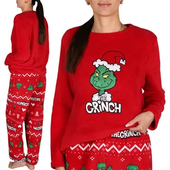 Dámské pyžamo Vánoční dámské pyžamo Grinch, červené, dvoudílné, FLEECE TEPLÉ XS