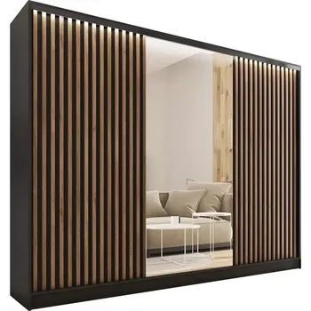 Šatní skříň Šatní skříň INSULAR 3D 250 se zrcadlem, 4 šuplíky a 2 šatními tyčemi, černý mat/dub lefkas +možnost VÝNOSU + vyzvednutí ZDARMA