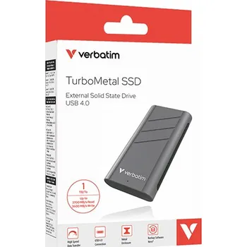 Externí pevný disk SSD Externí Verbatim TurboMetal SSD, 32021, 1000GB, Nero Backup, Stříbrná, obsahuje USB C,