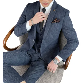 Pánský oblek Pánský oblekový set z acetátu Elegantní sada saka, vesty a kalhot pro muže Jednobarevný formální komplet s kapsami a knoflíky v různých barvách modrá XS