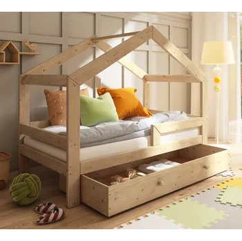 Dětská postýlka DĚTSKÁ POSTEL SE ZÁSUVKOU DOMEČEK 90X200 DŘEVĚNÁ POSTÝLKA PRO DÍTĚ RBWN