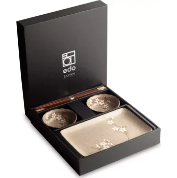 Sada nádobí EDO Japan Japonská Sushi souprava s hůlkami - porcelán - Anemone Pískový v Dárkové krabici