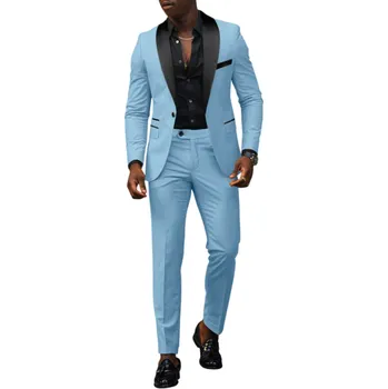 Pánský set z polyesteru Elegantní sada saka a kalhot pro muže Jednobarevný formální oblek s kapsami a kapsičkou na prsou Stylový komplet s knoflíky světle modrá S