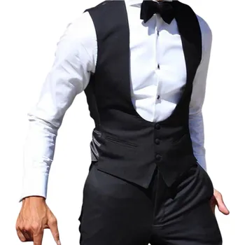 Pánská vesta Pánská černá elegantní vesta s kapsami a hlubokým výstřihem do O Jednobarevná vesta na knoflíky Formální společenská vesta XS