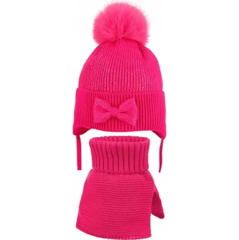 Čepice Dívčí zimní sada: čepice s bambulkou a nákrčník fuchsiová Ambra, vel. 46/48