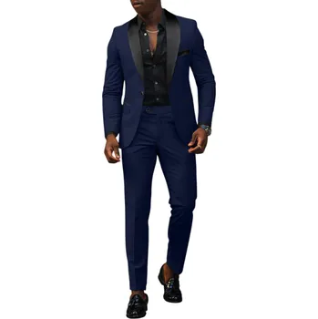 Pánské oblečení Pánský set z polyesteru Elegantní sada saka a kalhot pro muže Jednobarevný formální oblek s kapsami a kapsičkou na prsou Stylový komplet s knoflíky tmavě modrá XXS