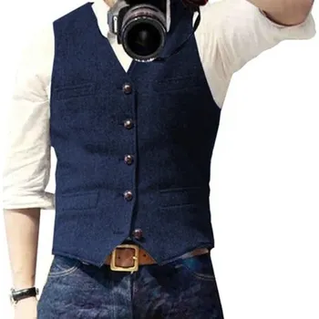 Pánská elegantní vesta s kapsami a kapsičkou na prsou Jednobarevná společenská vesta na knoflíky námořnická modrá XL