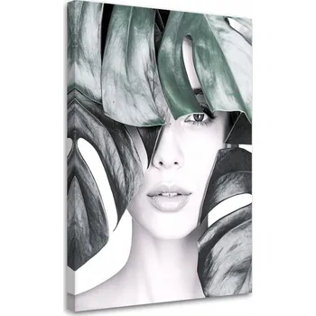 Obraz Moderní obraz do obýváku, Portrét ženy a listy monstery 40x60