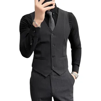 Pánská vesta Pánská elegantní vesta s kapsami Jednobarevná společenská vesta na knoflíky Různé barvy Formální styl Viskóza Polyester tmavě šedá XXL
