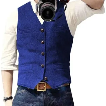 Pánské oblečení Pánská elegantní vesta s kapsami a kapsičkou na prsou Jednobarevná společenská vesta na knoflíky tmavě modrá XXL
