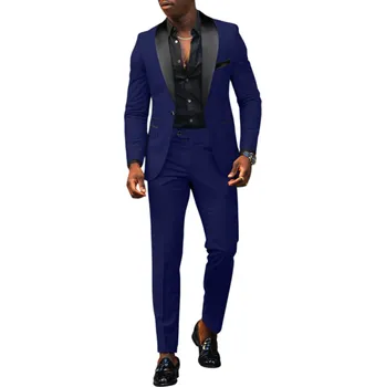 Pánský oblek Pánský set z polyesteru Elegantní sada saka a kalhot pro muže Jednobarevný formální oblek s kapsami a kapsičkou na prsou Stylový komplet s knoflíky modrá XL