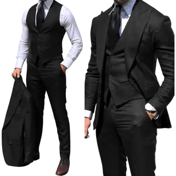 Pánský oblek Pánský set z bavlny, polyesteru a vlny Elegantní sada saka, vesty a kalhot pro muže Jednobarevný formální oblek s kapsami a knoflíky v různých barvách černá XS