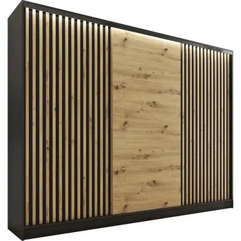 Šatní skříň Šatní skříň INSULAR 3D 250 bez zrcadla, se 4 šuplíky a 2 šatními tyčemi, černý mat/dub artisan +možnost VÝNOSU + vyzvednutí ZDARMA