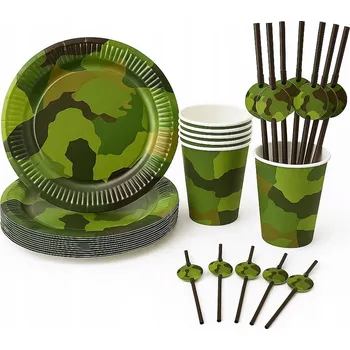 Party dekorace Papírové kelímky, talířky a brčka v sadě Maskáčový pro děti, 18 ks Congee