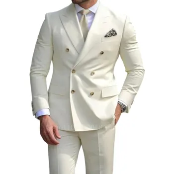 Pánský set z bavlny a vlny Elegantní sada saka a kalhot pro muže Jednobarevný formální komplet s kapsami a knoflíky Stylový oblek v různých barvách bílá XL