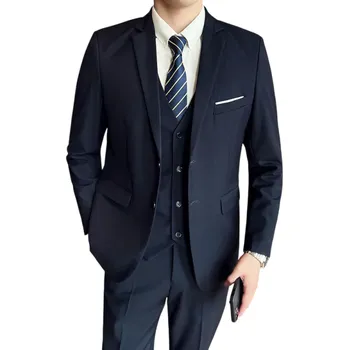 Pánská móda Pánský set z polyesteru Elegantní sada saka, vesty a kalhot pro muže Jednobarevný formální oblek s kapsami a kapsičkou na prsou Stylový komplet s knoflíky tmavě modrá XXS