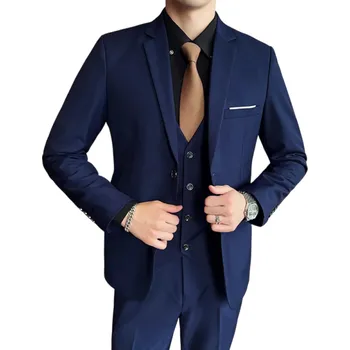 Pánský oblek Pánský set z polyesteru Elegantní sada saka, vesty a kalhot pro muže Jednobarevný formální oblek s kapsami a kapsičkou na prsou Stylový komplet s knoflíky modrá L