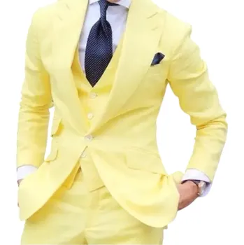 Pánský set z bavlny, polyesteru a vlny Elegantní sada saka, vesty a kalhot pro muže Jednobarevný formální oblek s kapsami a knoflíky v různých barvách žlutá XXS