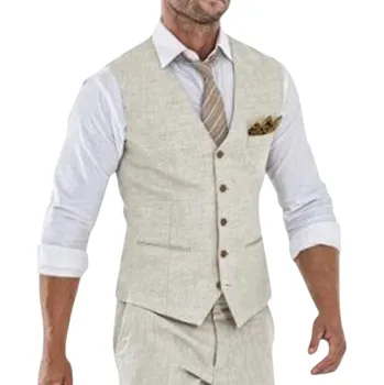 Pánská vesta Pánská béžová lněná vesta s kapsami a kapsičkou na prsou Jednobarevná elegantní vesta na knoflíky Formální společenská vesta Len Umělé hedvábí XXS