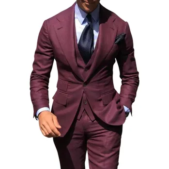 Pánský set z bavlny, polyesteru a vlny Elegantní sada saka, vesty a kalhot pro muže Jednobarevný formální oblek s kapsami a knoflíky v různých barvách vínová XL