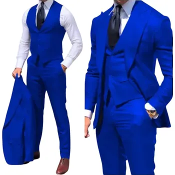 Pánský oblek Pánský set z bavlny, polyesteru a vlny Elegantní sada saka, vesty a kalhot pro muže Jednobarevný formální oblek s kapsami a knoflíky v různých barvách modrá XS
