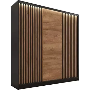 Šatní skříň Šatní skříň INSULAR 3D 180 bez zrcadla, se 4 šuplíky a 2 šatními tyčemi, černý mat/dub lefkas +možnost VÝNOSU + vyzvednutí ZDARMA