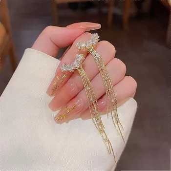 Náušnice Zlaté Náušnice Dlouhé Vlákna Zirkony Visací