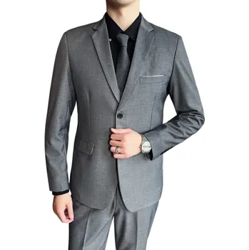 Pánský set z polyesteru Elegantní sada saka, vesty a kalhot pro muže Jednobarevný formální oblek s kapsami a kapsičkou na prsou Stylový komplet s knoflíky šedá XS