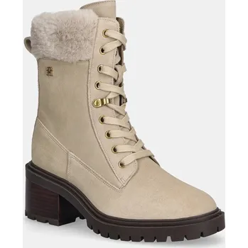 Dámské kozačky Semišové boty Tommy Hilfiger TH SHEARLING LACE UP BOOT béžová barva, na podpatku, lehce zateplené, FW0FW08999 80X, EUR 36