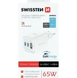 Swissten síťový adaptér GaN 2x USB-C 65W PD + 1x USB-A 18W QC bílý