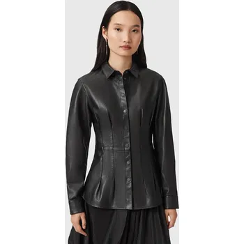 Kožená košile AllSaints LARSON dámská, černá barva, slim, s klasickým límcem, W034PD 99X, vel. 36