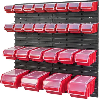 Obraz 4 x Nástěnná dílenská deska / panel na nářadí + 26 červených boxů / přihrádek