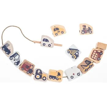 ostatní stavebnice Cubika Pastel Navlékací dopravní prostředky - navlékací set - 13 dřevěných dílů a 8 předloh