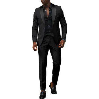 Pánský oblek Pánský set z polyesteru Elegantní sada saka a kalhot pro muže Jednobarevný formální oblek s kapsami a kapsičkou na prsou Stylový komplet s knoflíky černá XL