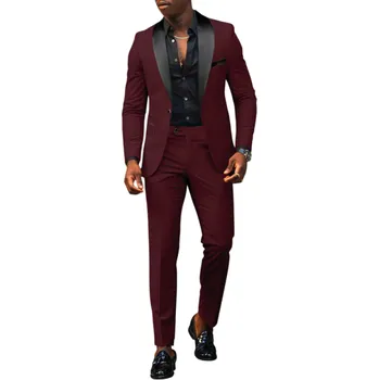 Pánský set z polyesteru Elegantní sada saka a kalhot pro muže Jednobarevný formální oblek s kapsami a kapsičkou na prsou Stylový komplet s knoflíky vínová XL