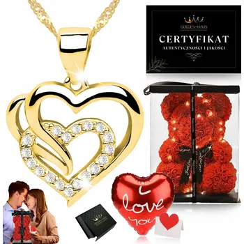 Náhrdelník ZLATÝ NÁHRDELNÍK SRDÍČKO 925 + MEDVÍDEK Z RŮŽÍ / SET DÁREK PRO DÍVKU