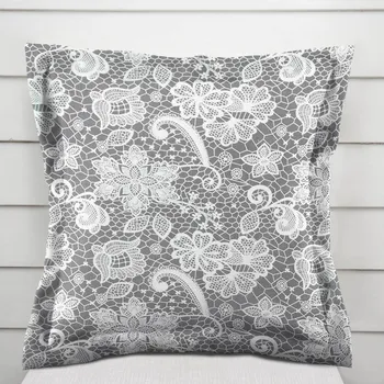 Povlak na polštářek Bavlněný povlak na polštář s lemem Sandra SA-550 Bílá krajka na šedém 40 x 40 cm