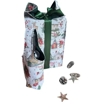 Dárková taška Dárková sada - Taška na lahev a velký textilní pytlík - Vánoce - domečky