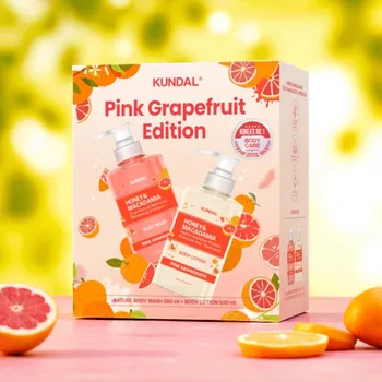 Sprchový gel KUNDAL - Pink Grapefruit Edition - Honey & Macadamia Body Wash + Lotion - Tělový sprchový gel a mléko Honey & Macadamia - 2x 500 ml