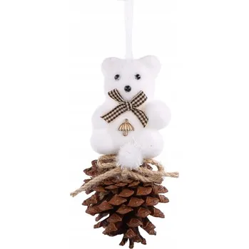 Vánoční ozdoba Závěsná ozdoba na stromeček bílý medvídek se šiškou 14 cm Vánoční dekorace