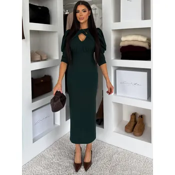 Dámské šaty KRAYA Smaragdové společenské midi šaty s rozparkem ONESIZE